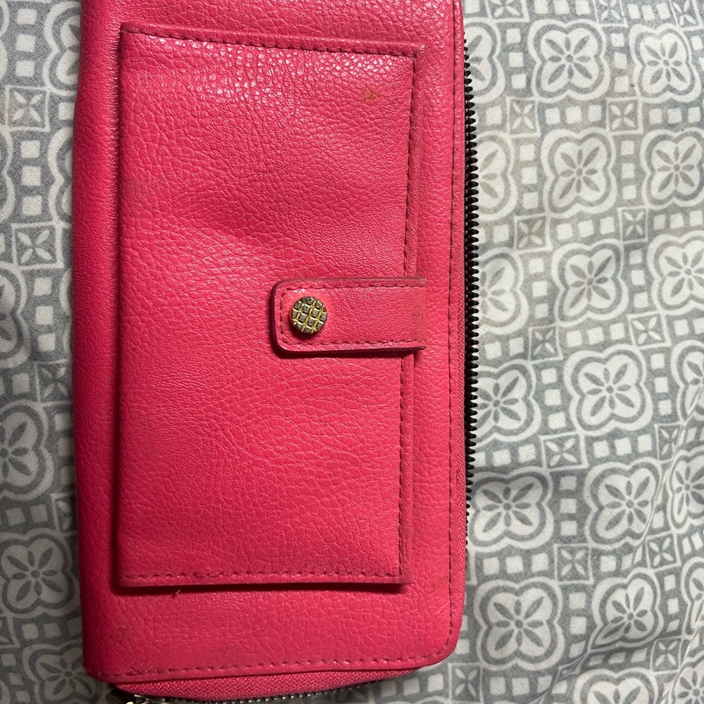 Pink Leather Wallet with Button Detail